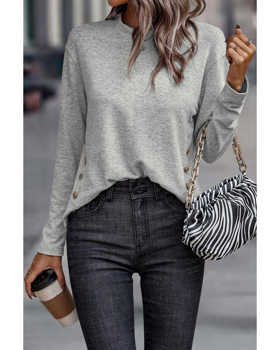 Gray Side Buttons Crew Neck Knit Top - S