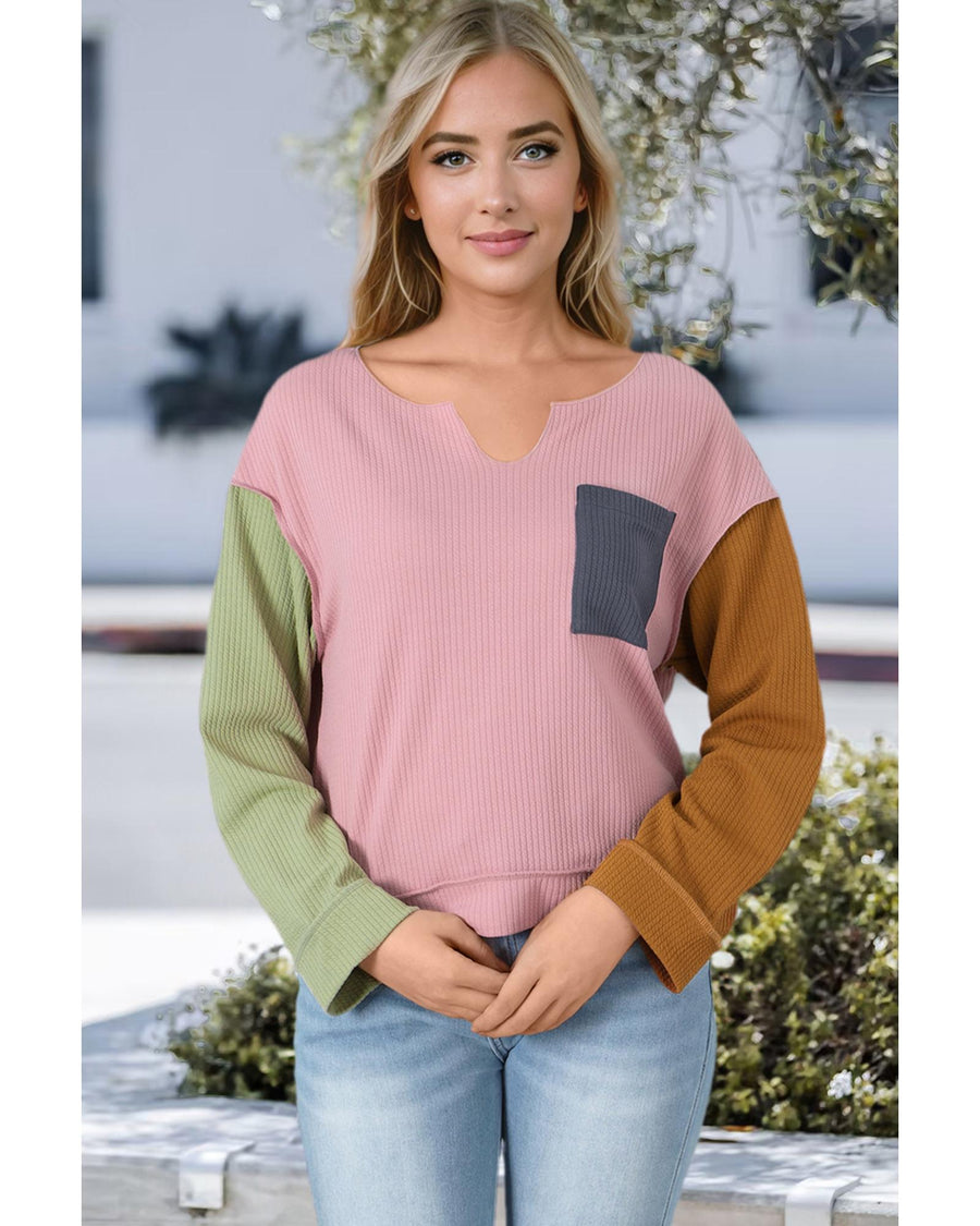Pink Colorblock Rib Textured Loose Long Sleeve Top - M