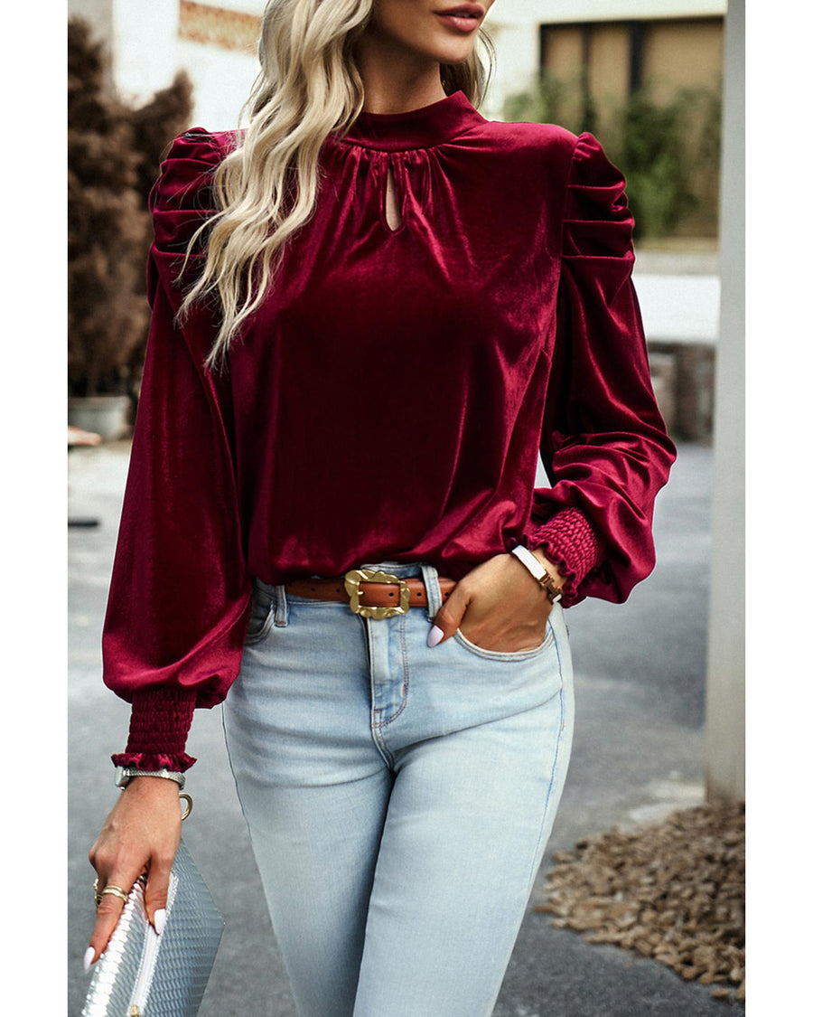 Azura Exchange Red Mock Neck Puff Sleeve Velvet Blouse - M