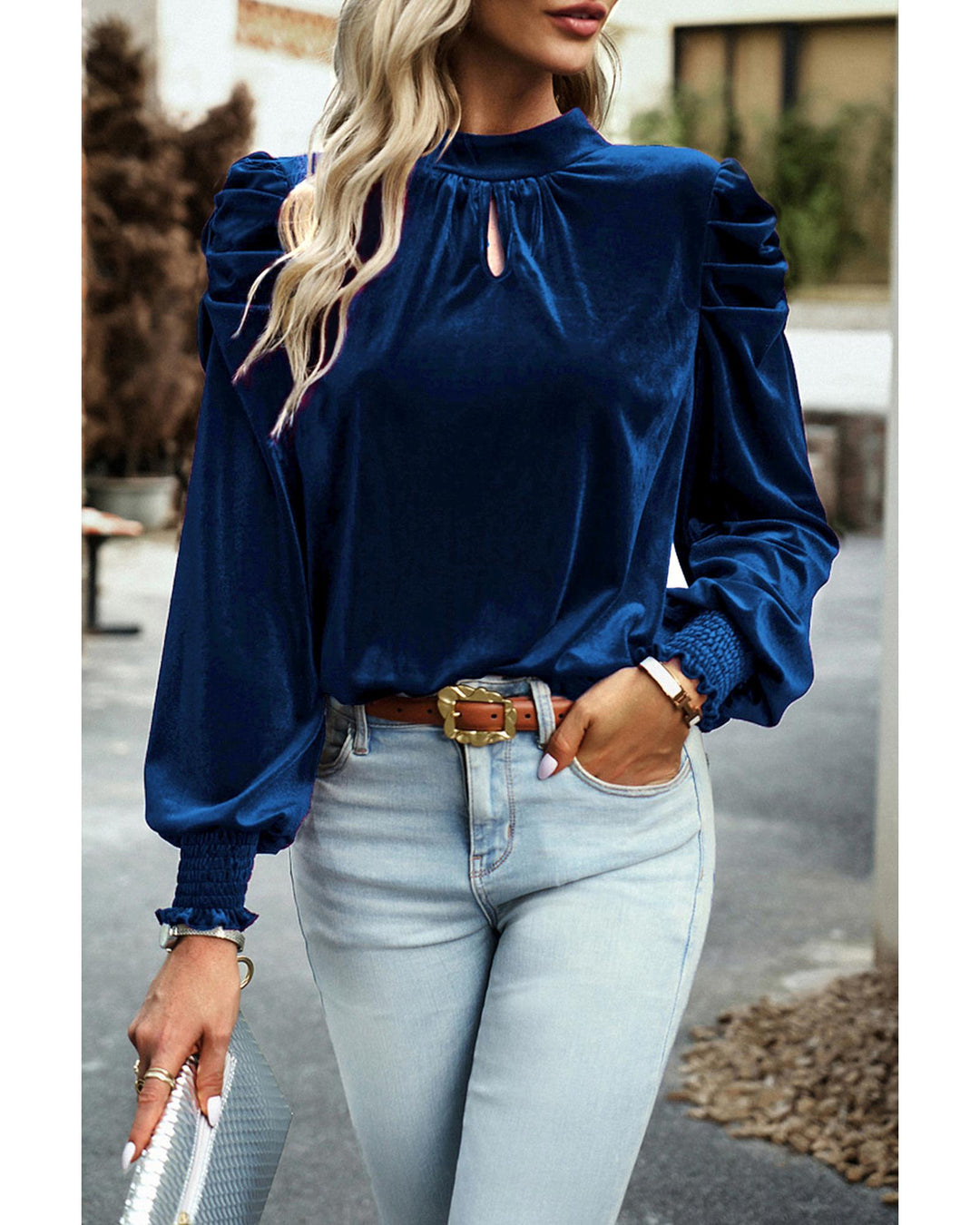 Sky Blue Fiery Mock Neck Puff Sleeve Velvet Blouse - L