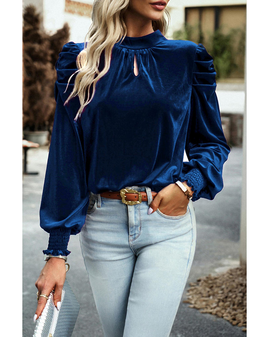 Sky Blue Fiery Mock Neck Puff Sleeve Velvet Blouse - L