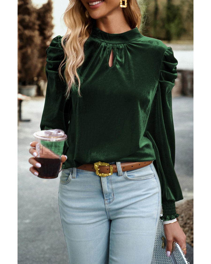 Azura Exchange Blackish Green Mock Neck Puff Sleeve Velvet Blouse - XL