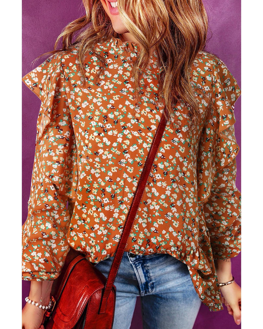 Orange Ruffle Collar Long Sleeve Peplum Top - M