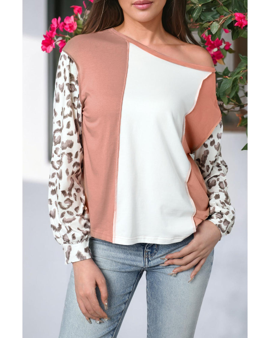 Apricot Colorblock Leopard Sleeve Patchwork Top - S