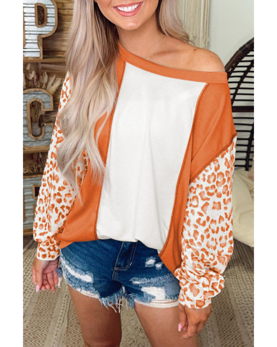 Orange Colorblock Leopard Sleeve Patchwork Top - M