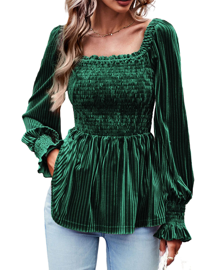 Blackish Green Smocked Ribbed Velvet Babydoll Top - L