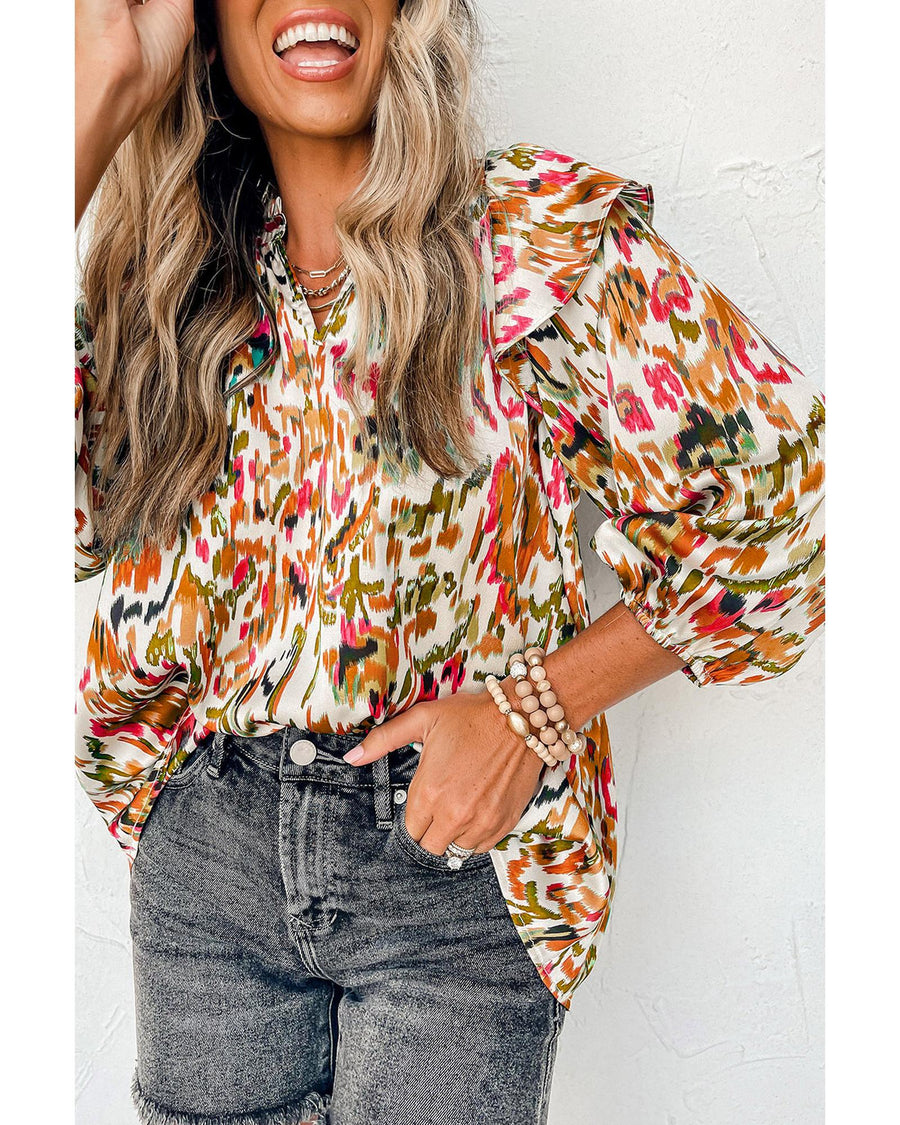 Multicolour Abstract Print 3/4 Puff Sleeve Ruffle Blouse - M