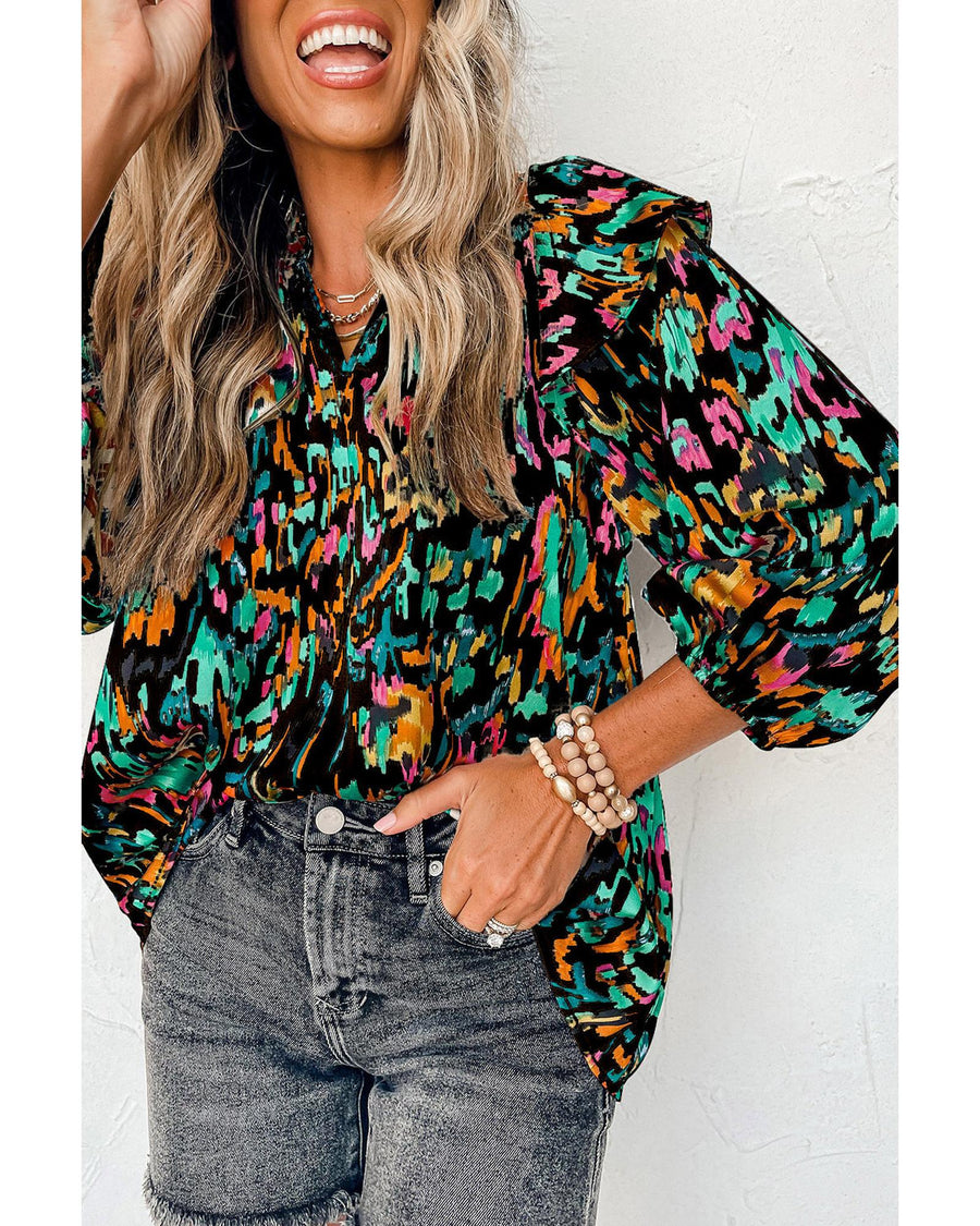 Multicolour Abstract Print 3/4 Puff Sleeve Ruffle Blouse - L
