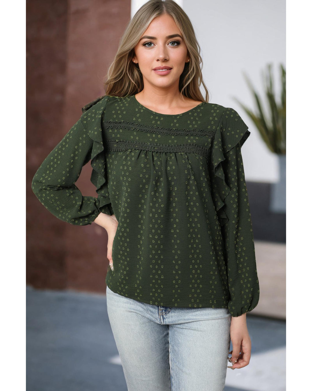 Blackish Green Lace Eyelet Ruffle Shoulder Long Sleeve Blouse - L