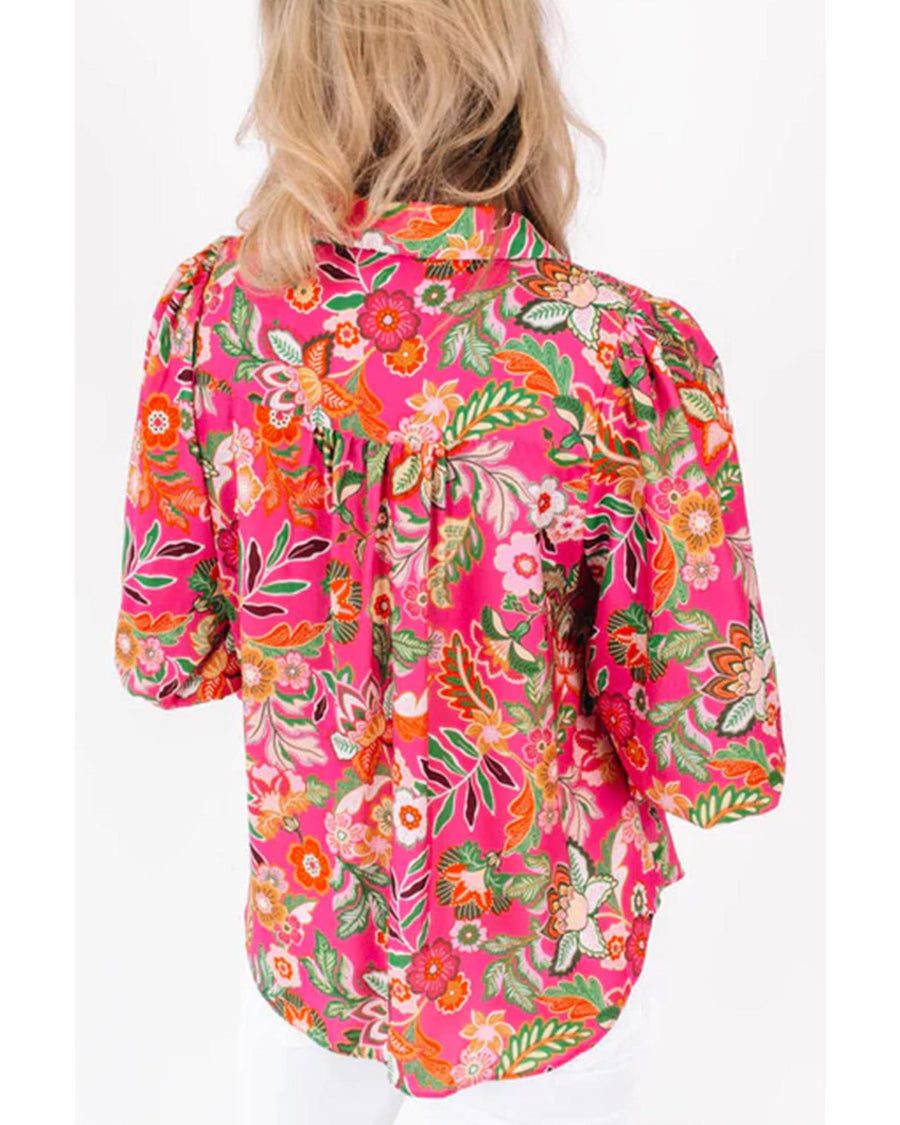 Strawberry Pink Floral Print Smocked Cuff Puff Sleeve Shirt - S