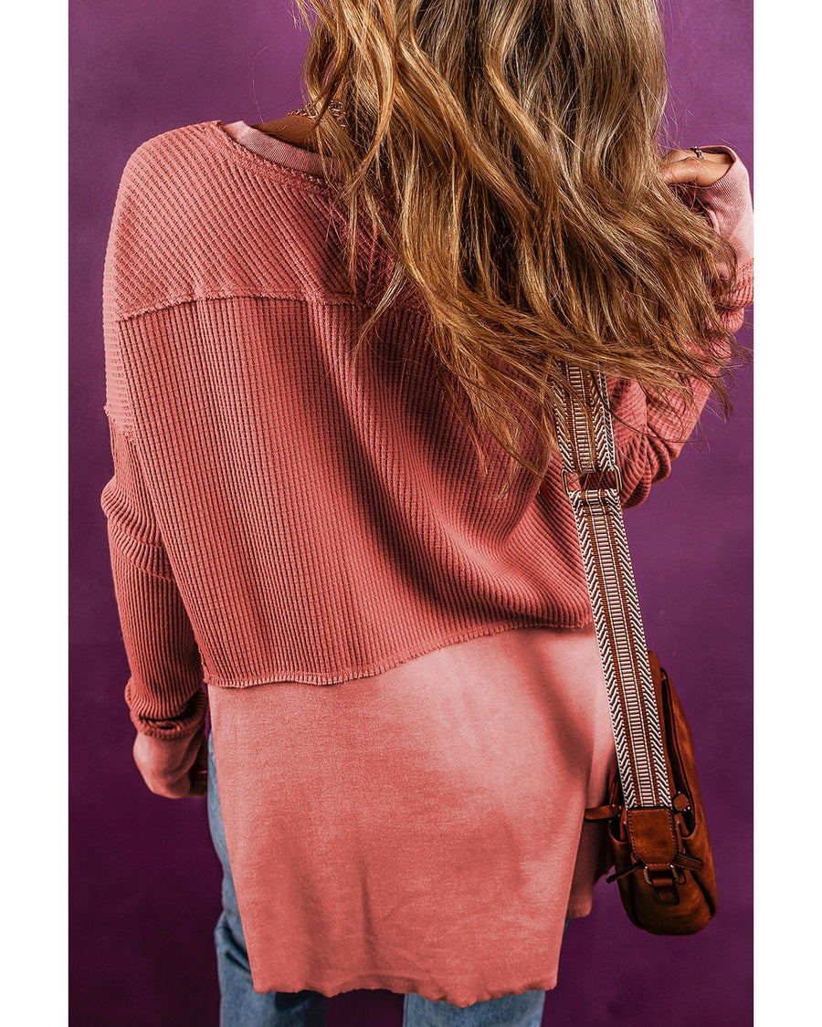 Mineral Red Exposed Seam Slit Neck Waffle Knit Patchwork Top - M