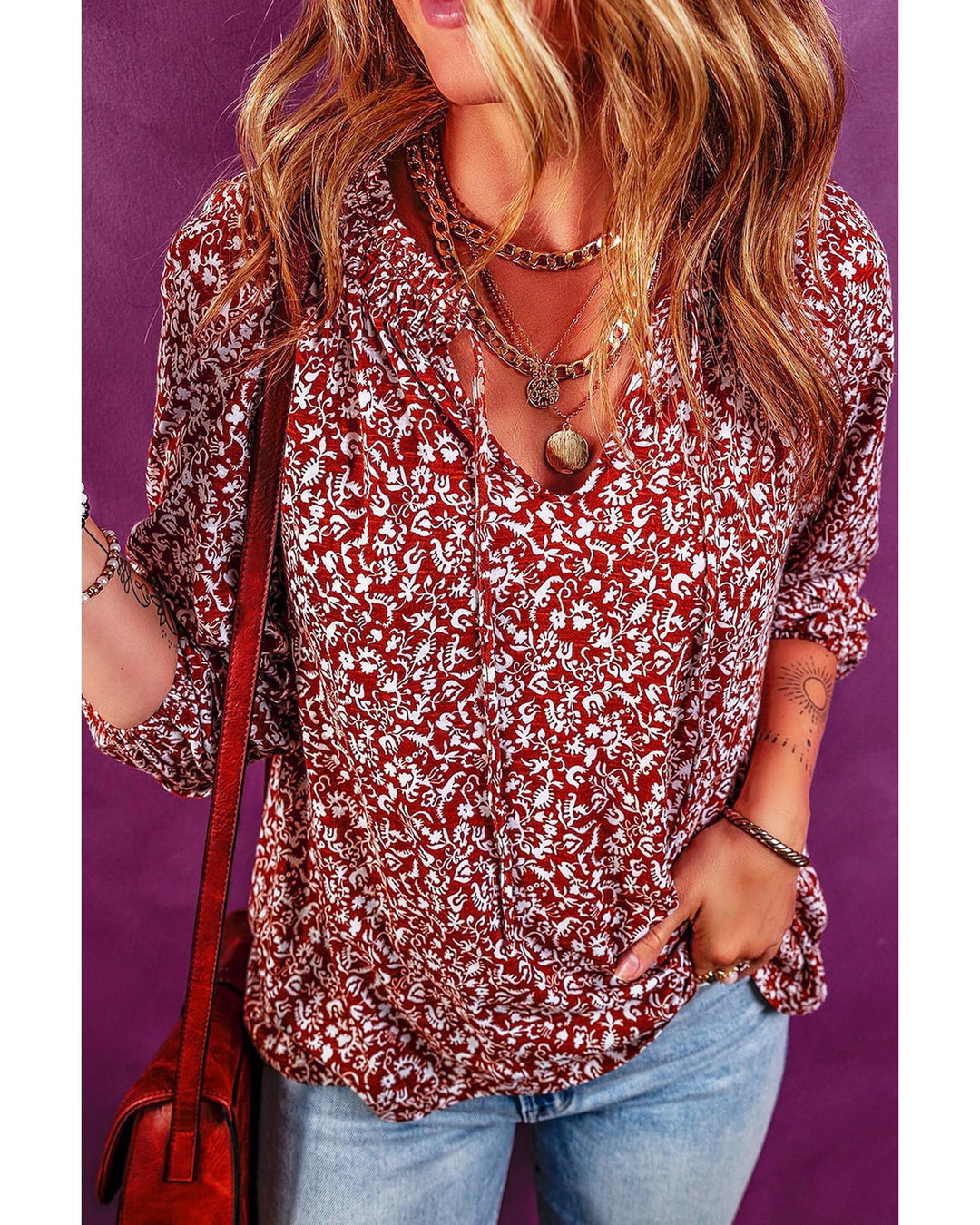 Biking Red Floral Print Smocked Tie Neck Blouse - M