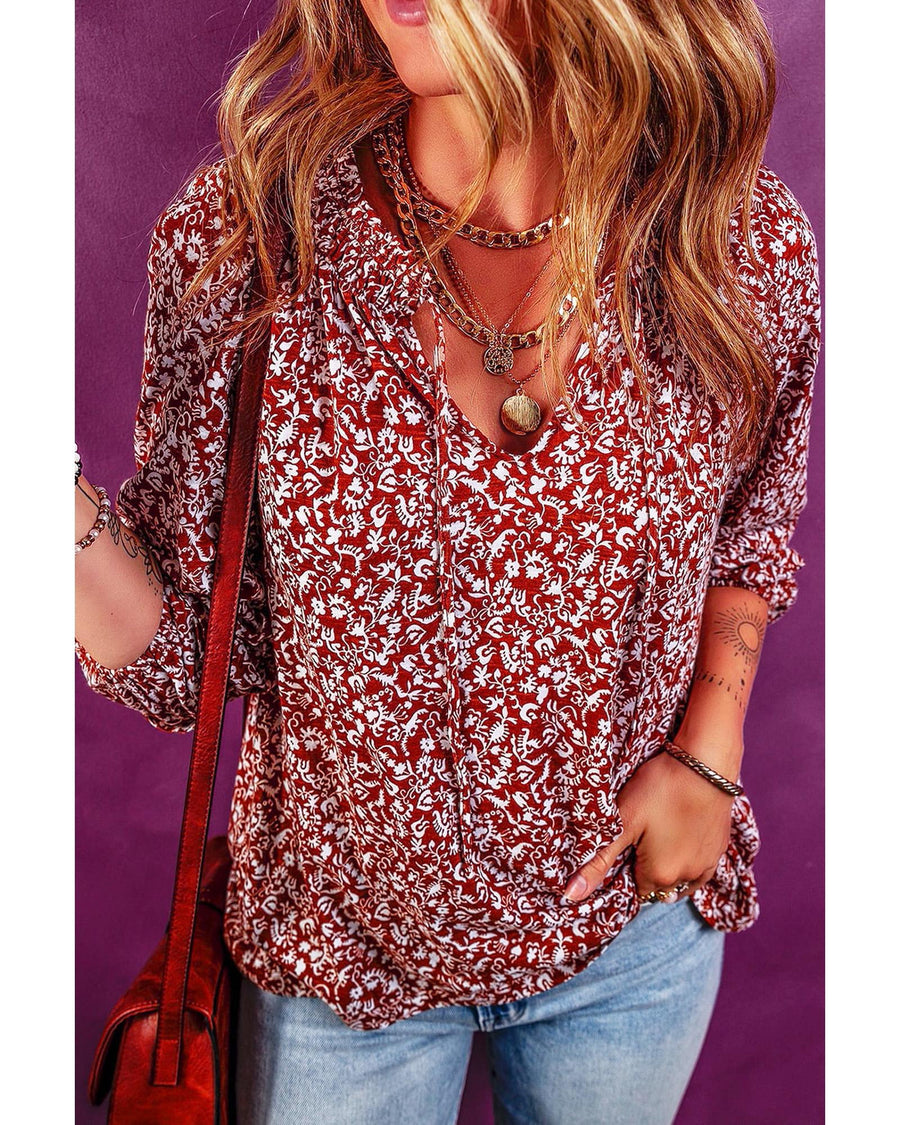 Biking Red Floral Print Smocked Tie Neck Blouse - M