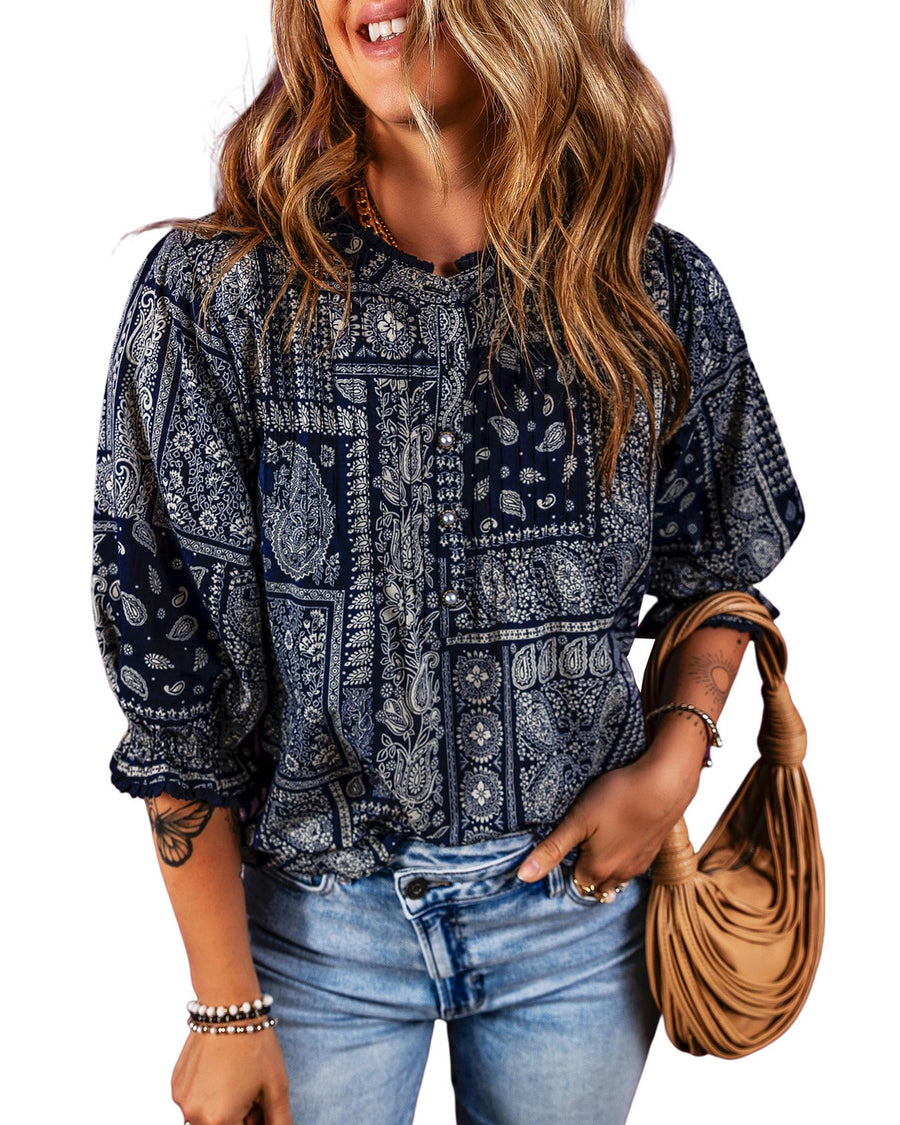 Navy Blue Vintage Boho Paisley Print 3/4 Sleeve Blouse - S