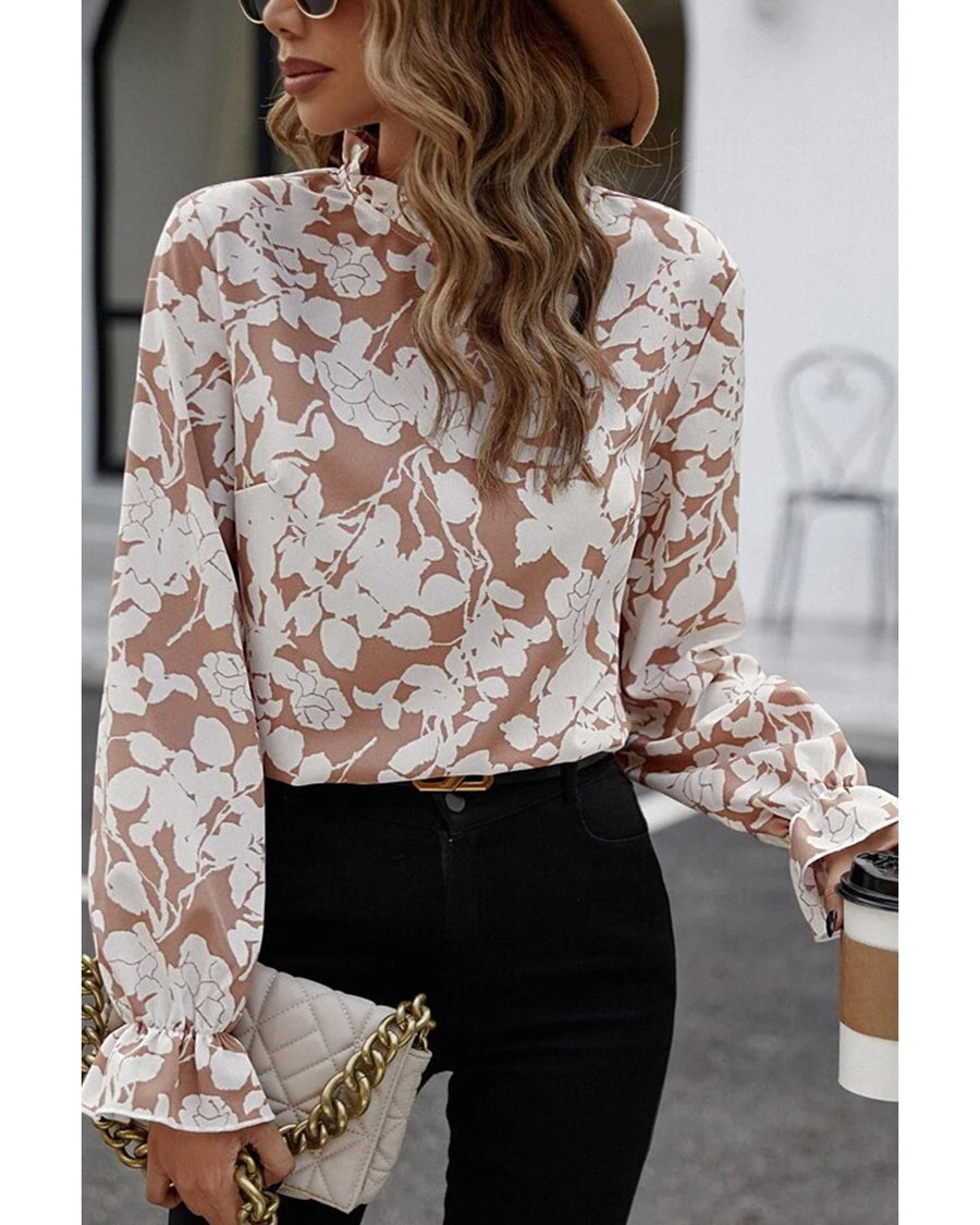 Flaxen Floral Print Frilled Neckline Flounce Sleeve Blouse - M