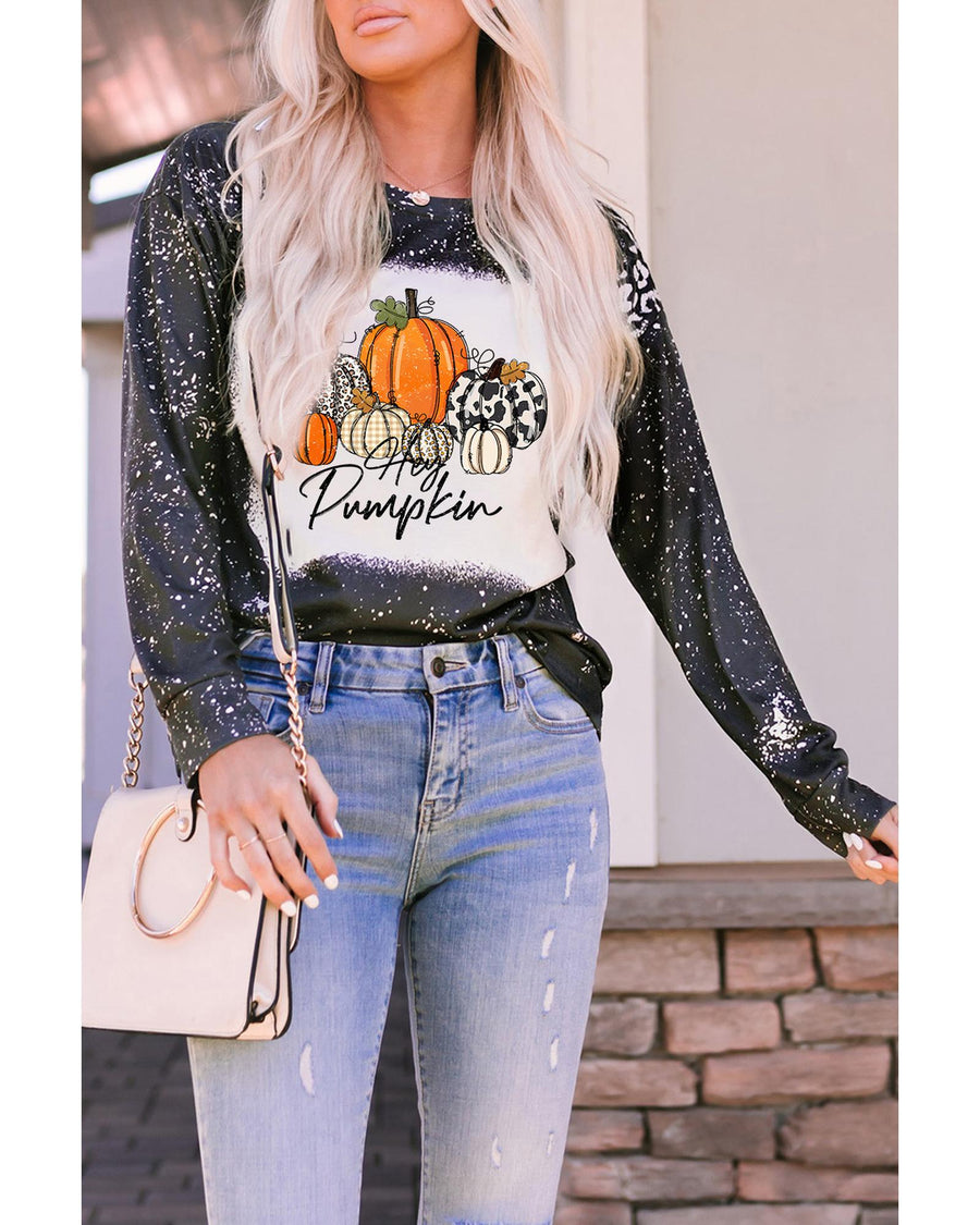 Black Leopard Bleached Pumpkin Graphic Long Sleeve Top - M
