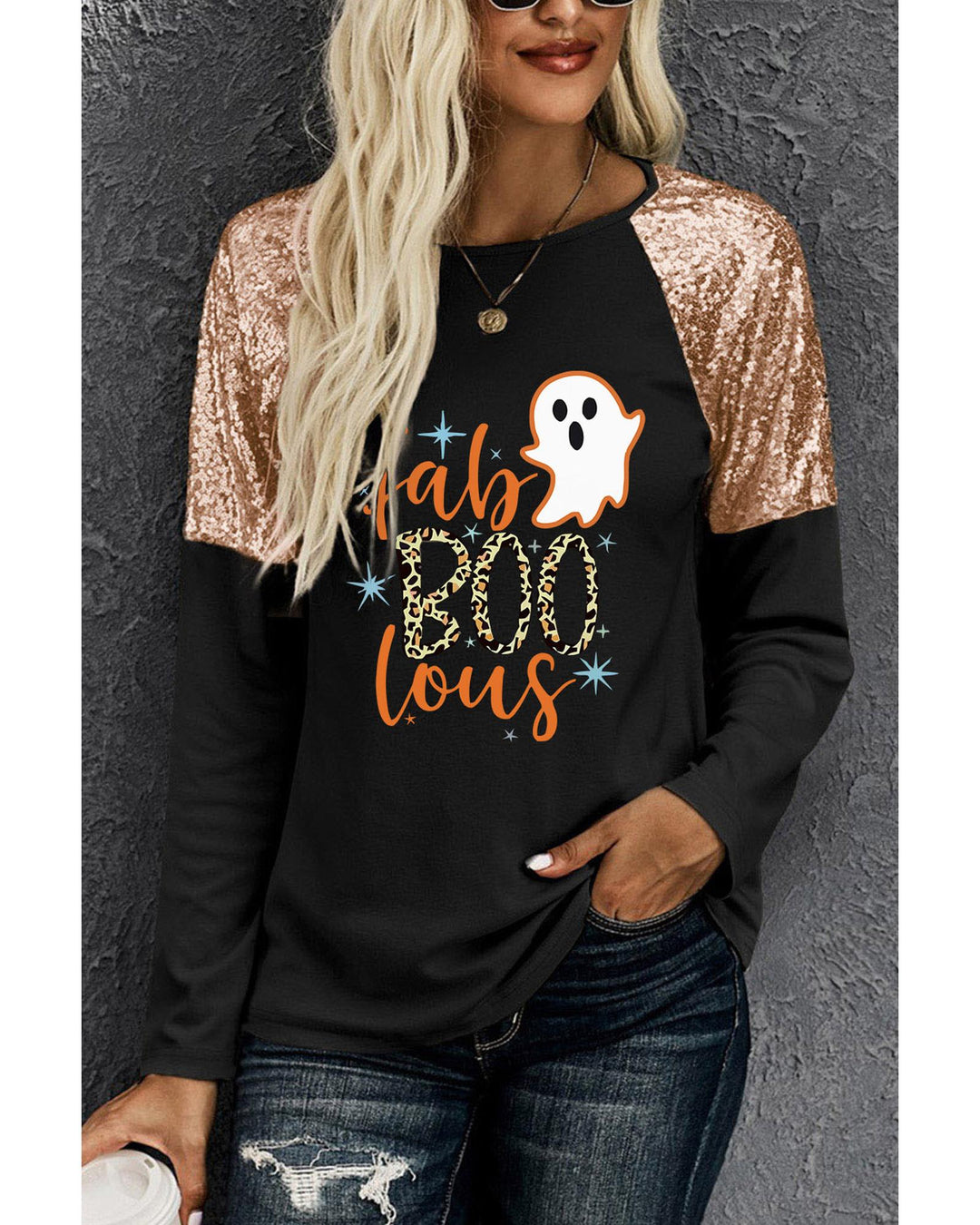 Black Leopard Boo Ghost Graphic Sequin Raglan Sleeve Top - S