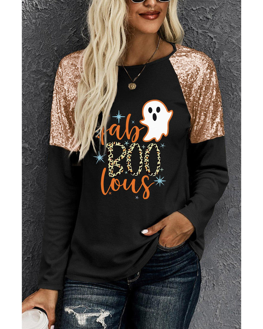 Black Leopard Boo Ghost Graphic Sequin Raglan Sleeve Top - S