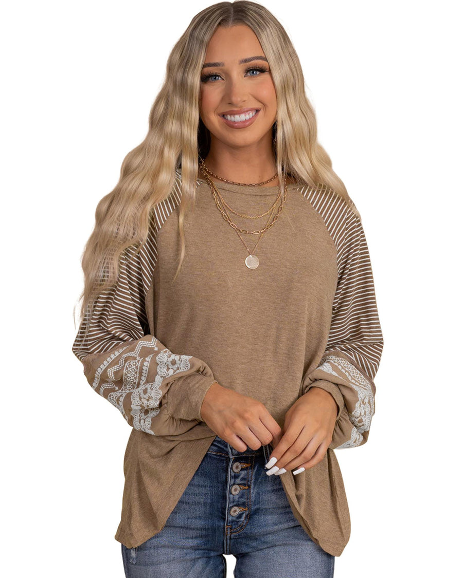 Light French Beige Floral Striped Patchwork Loose Long Sleeve Top - M
