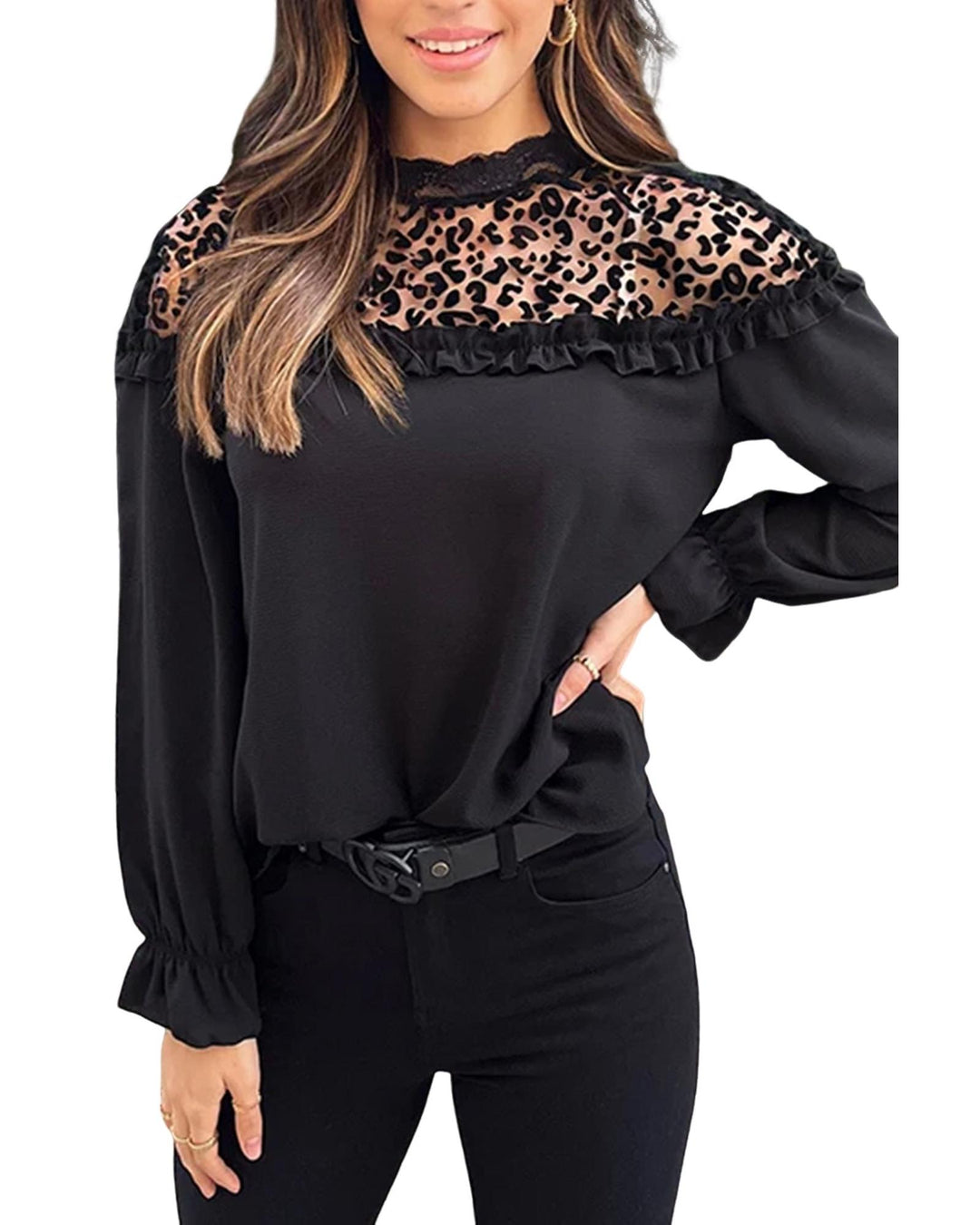 Black Leopard Mesh Splicing Ruffle Long Sleeve Blouse - M