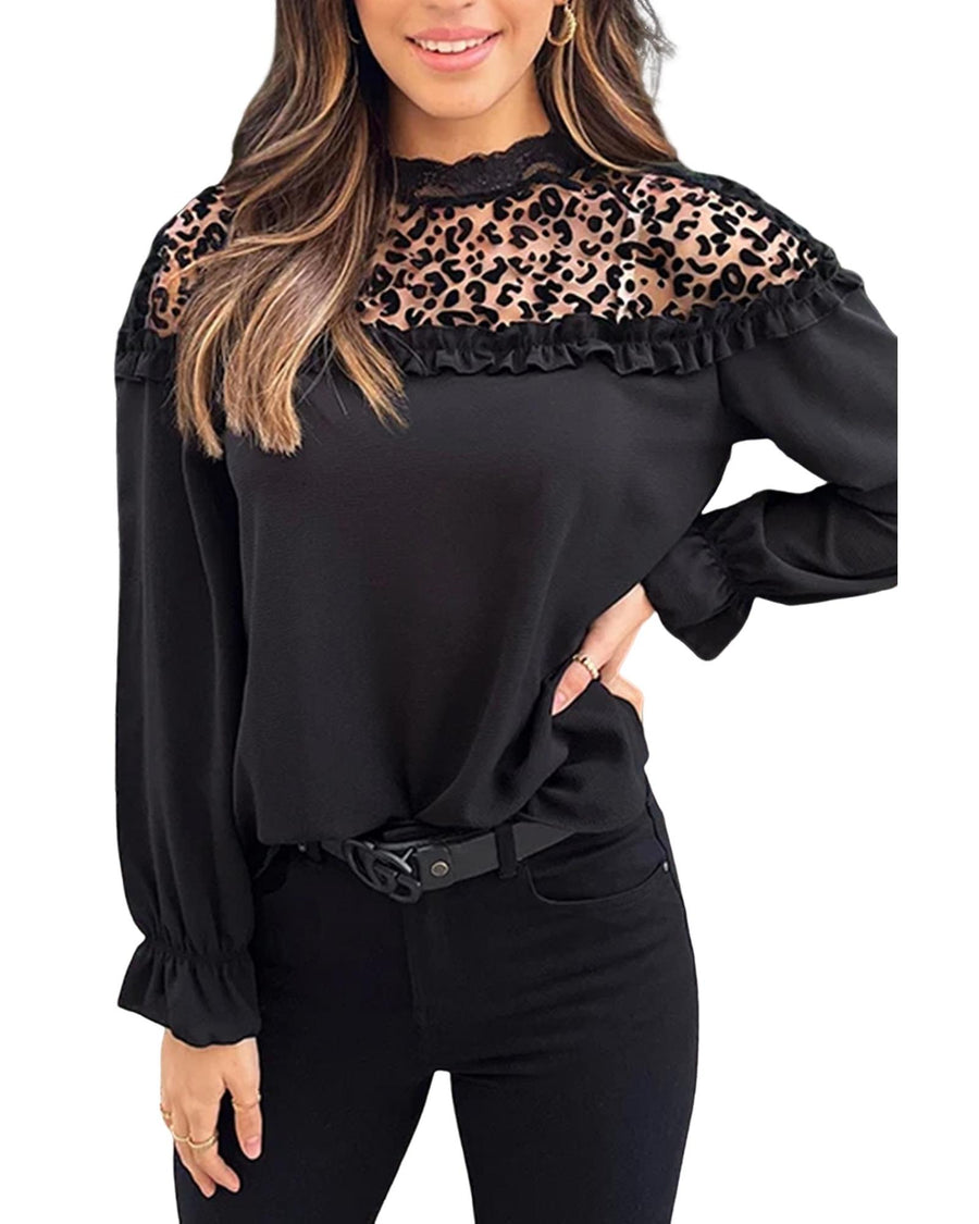Black Leopard Mesh Splicing Ruffle Long Sleeve Blouse - S