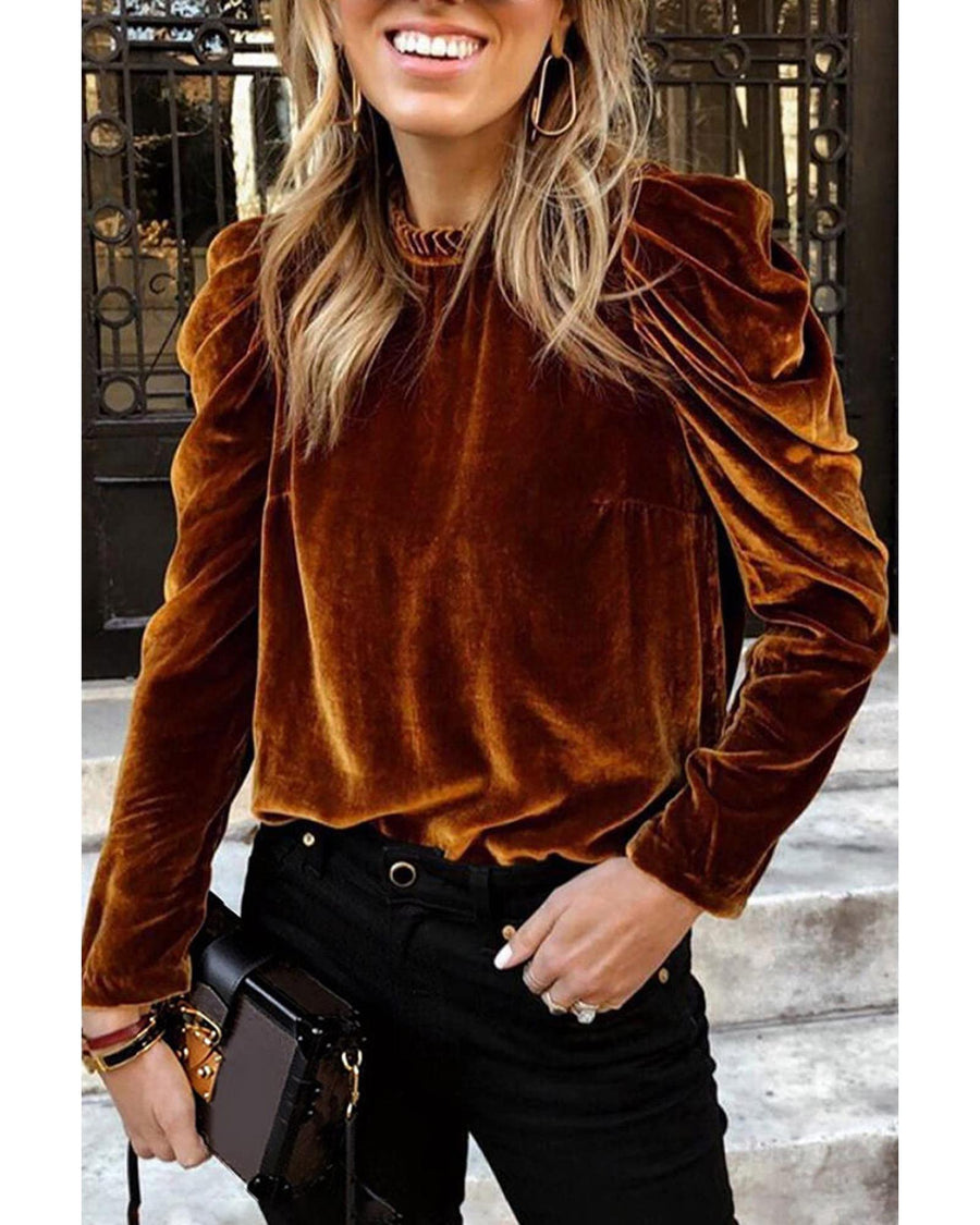 Chestnut Frilled Collar Puff Sleeve Velvet Top - L