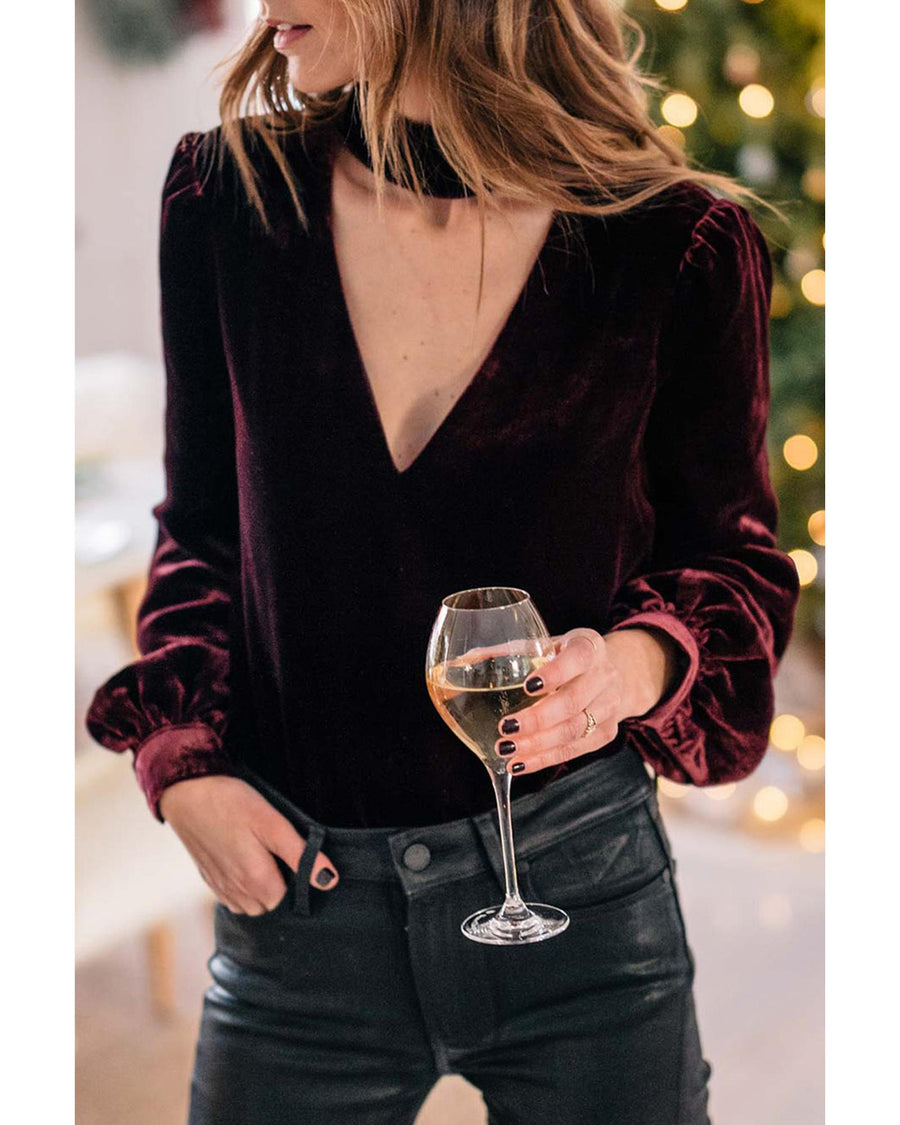 Biking Red Choker Neck Hollow-out Velvet Blouse - M