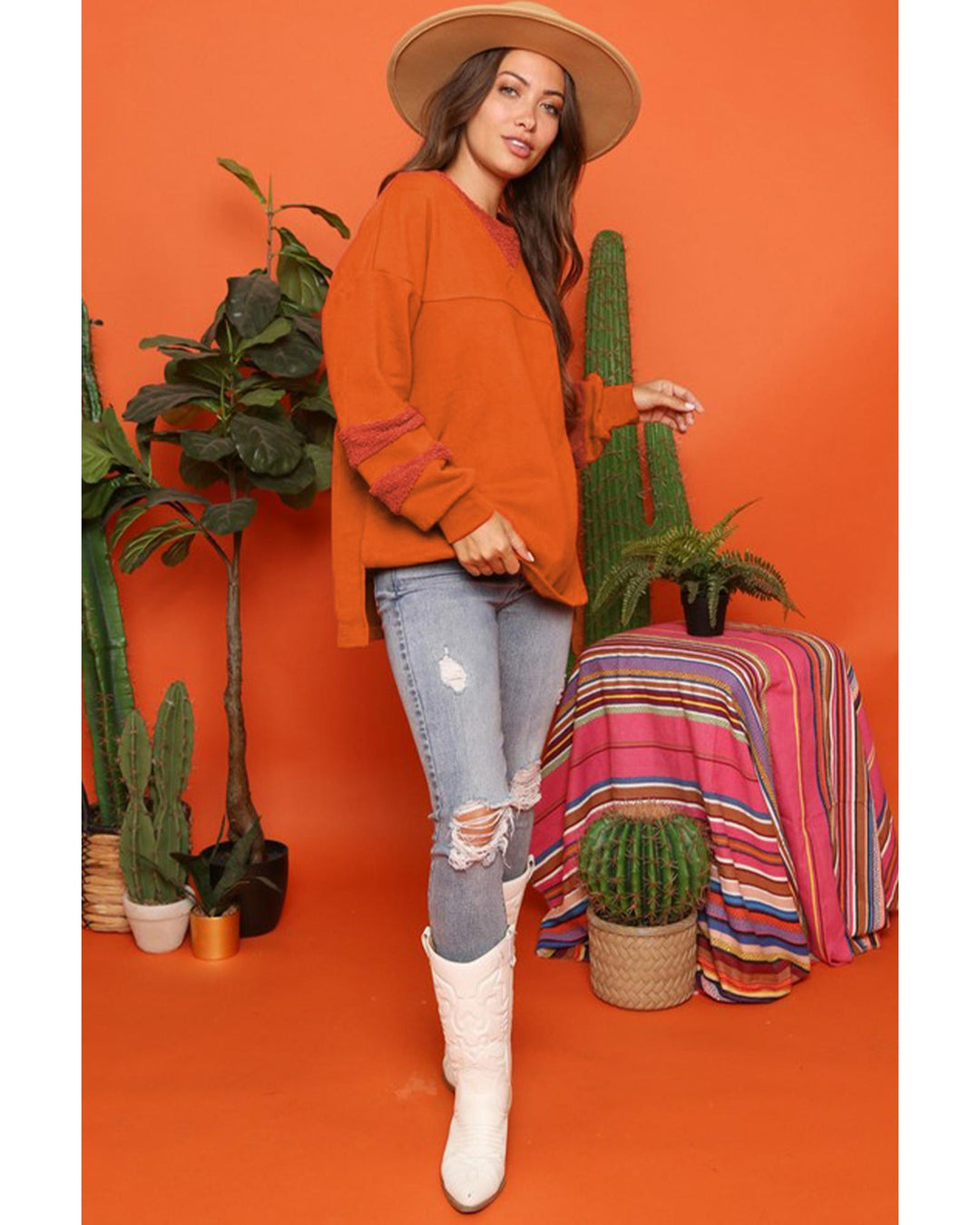 Carrot Fleece Patchwork Side Slits High Low Sweatshirt - L