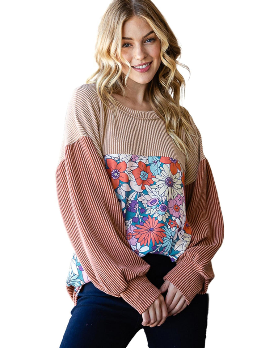 Printed Floral Contrast Colorblock Ribbed Top - XL