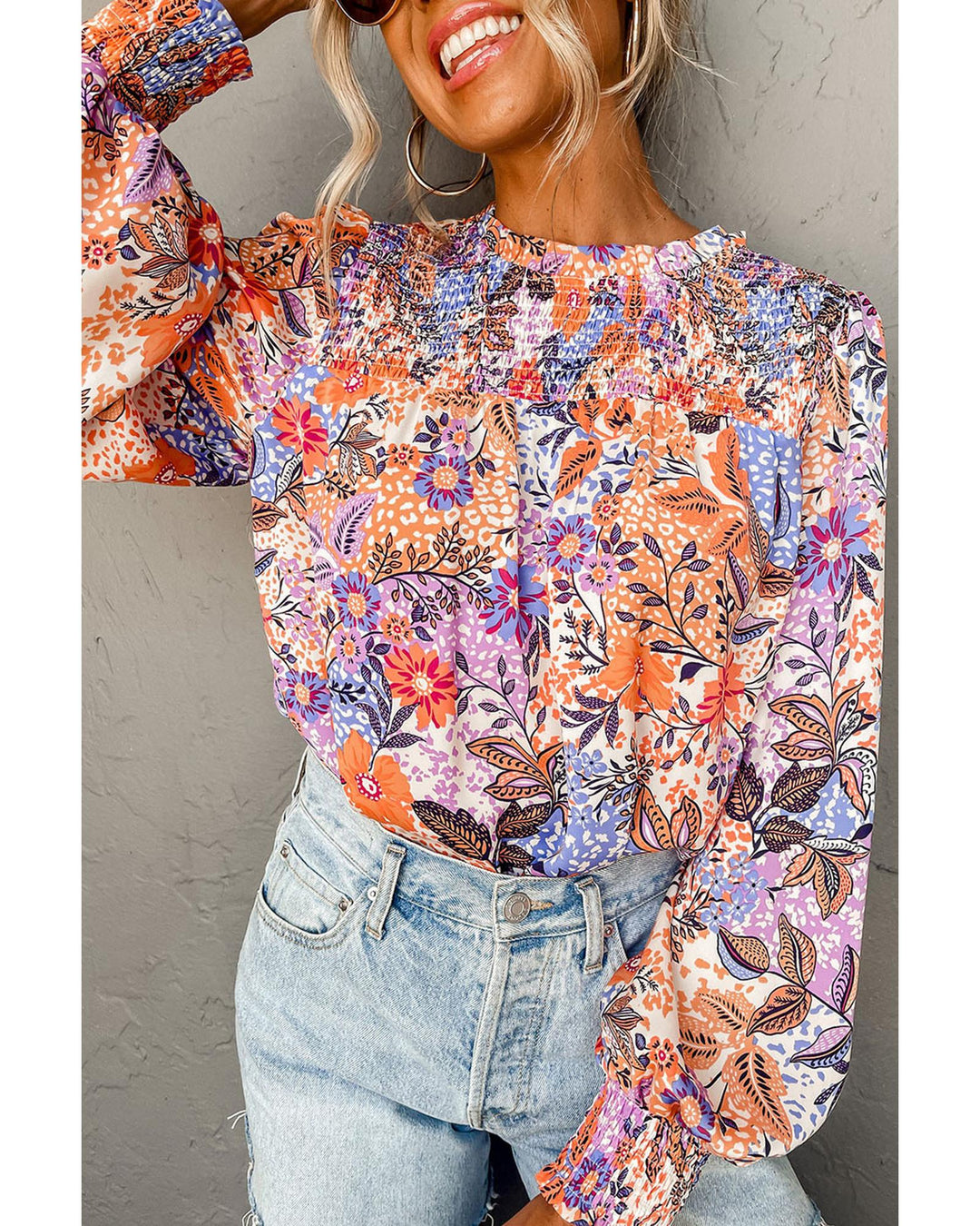 Multicolour Floral Bishop Sleeve Frilled Round Neck Blouse - S