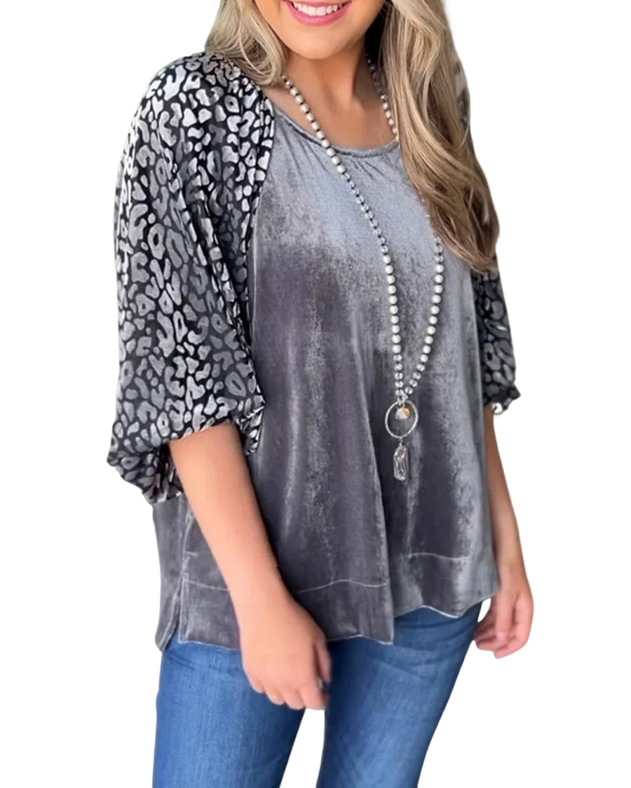 Azura Exchange Medium Grey Leopard Splicing Lantern Sleeve Velvet Blouse - XL