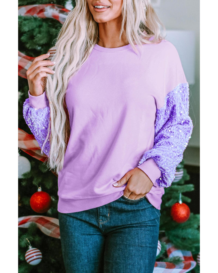 Orchid Petal Sequin Patchwork Long Sleeve Pullover Top - L