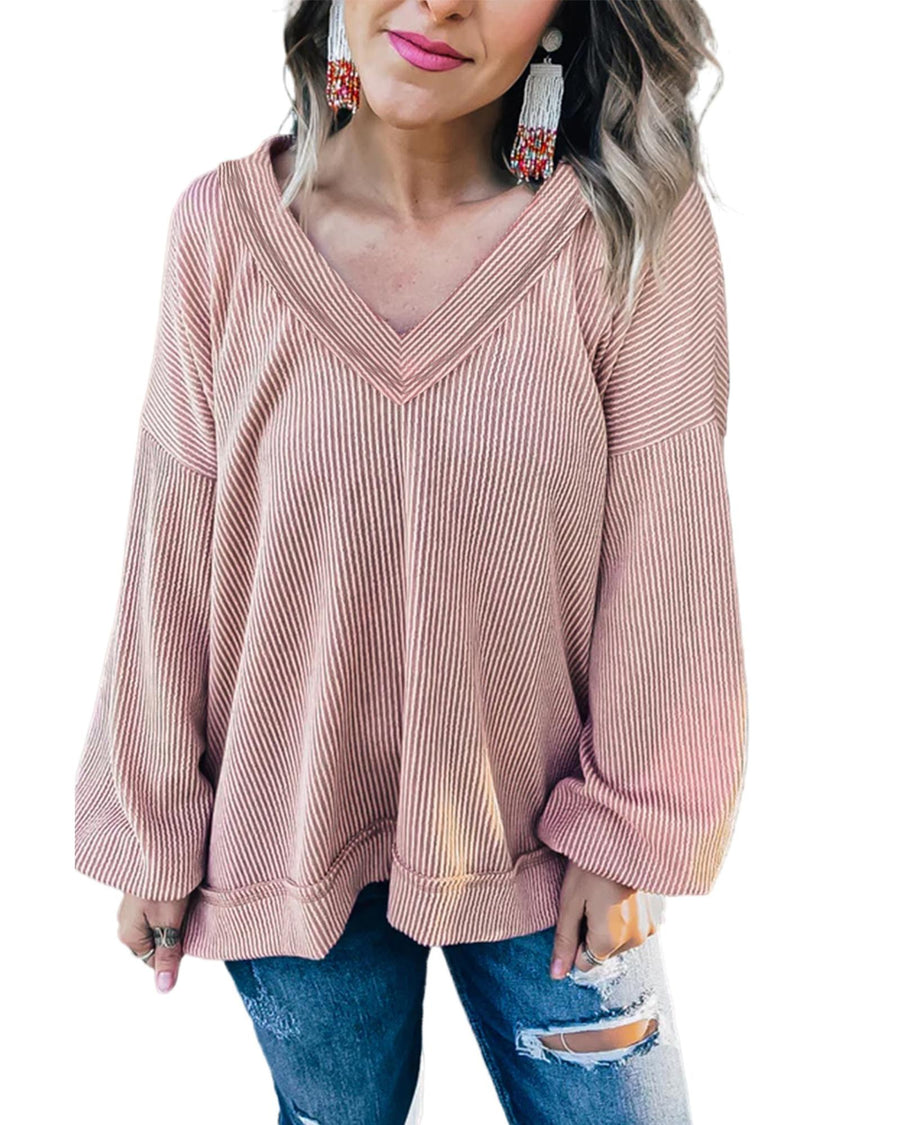 Peach Blossom Loose V Neck Bubble Sleeve Knit Ribbed Top - M
