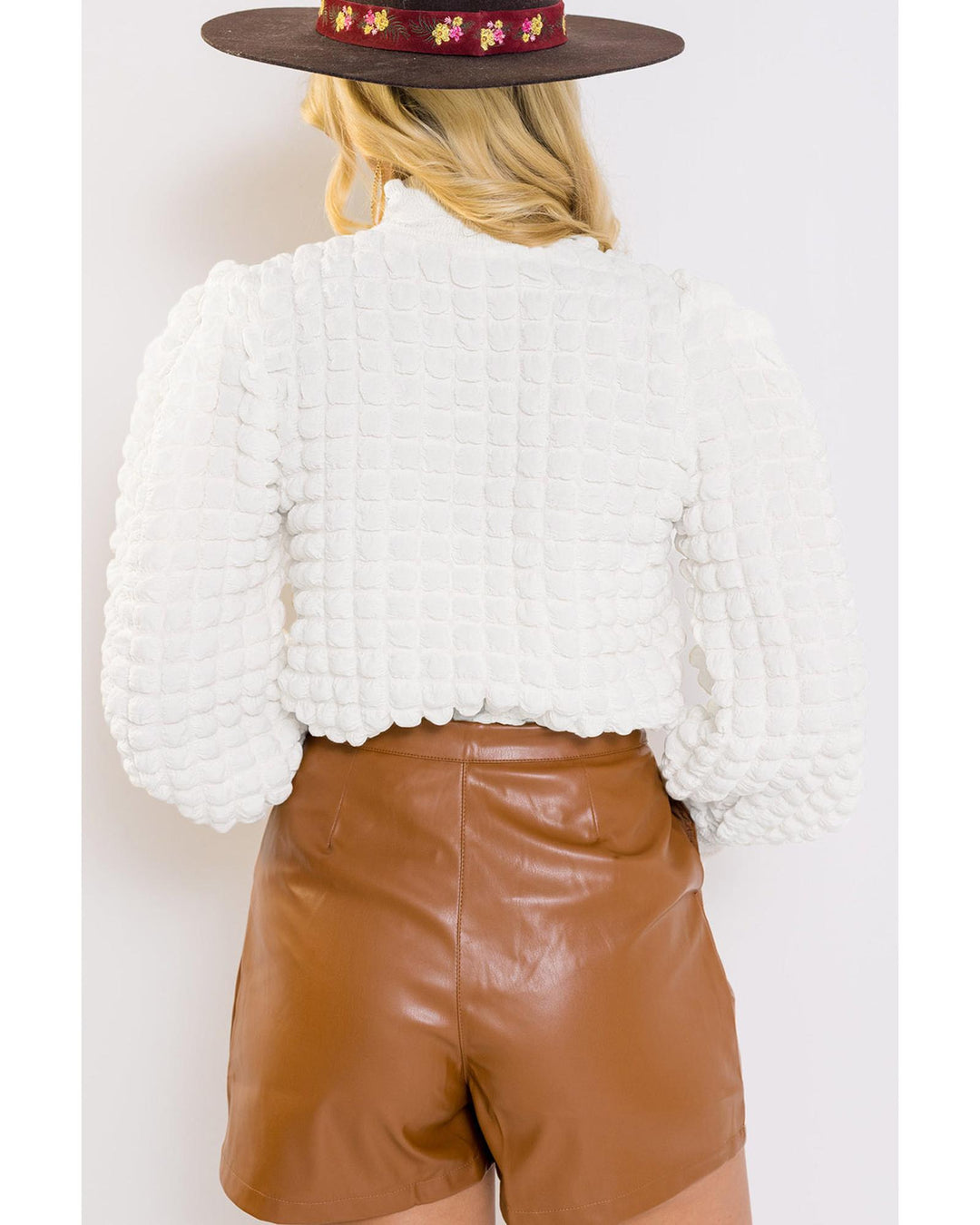 White Textured Smocked Mock Neck Puff Sleeve Blouse - XL