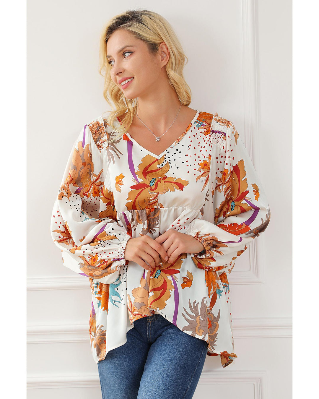 Multicolour Floral Print V Neck Babydoll Blouse - L