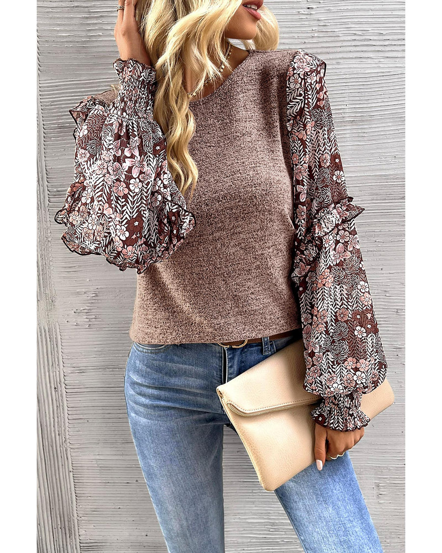 Pale Chestnut Ruffle Tiered Floral Sleeve Crew Neck Blouse - S