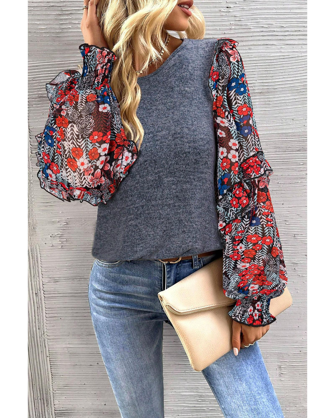 Blue Ruffle Tiered Floral Sleeve Crew Neck Blouse - S