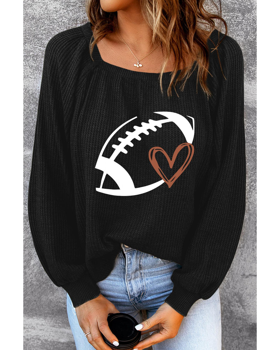Black Rugby Football Print Square Neck Puff Sleeve Waffle Top - L