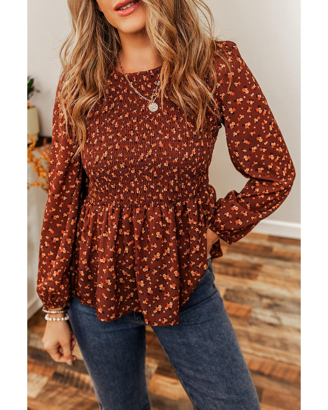 Boho Floral Smocked Bust Ruffled Peplum Blouse - S