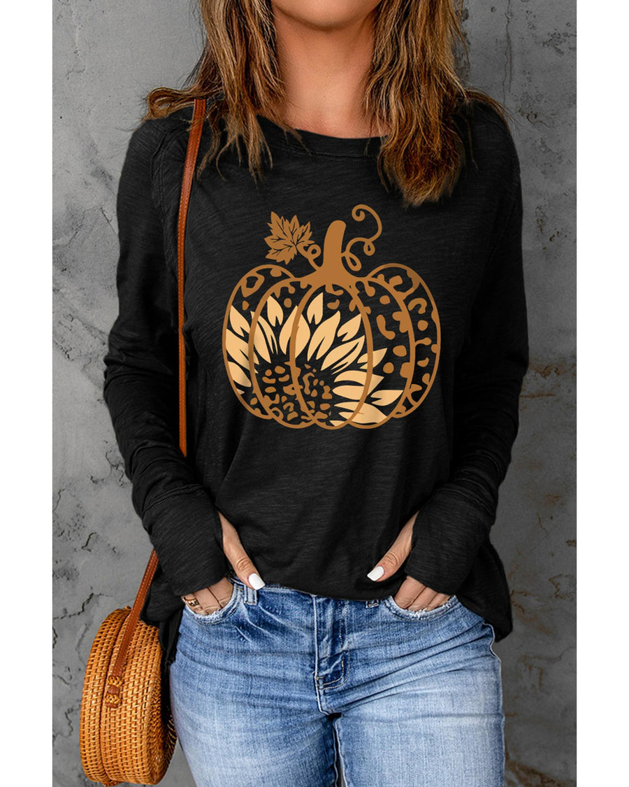 Black Sunflower Pumpkin Graphic Thumbhole Sleeve Top - M