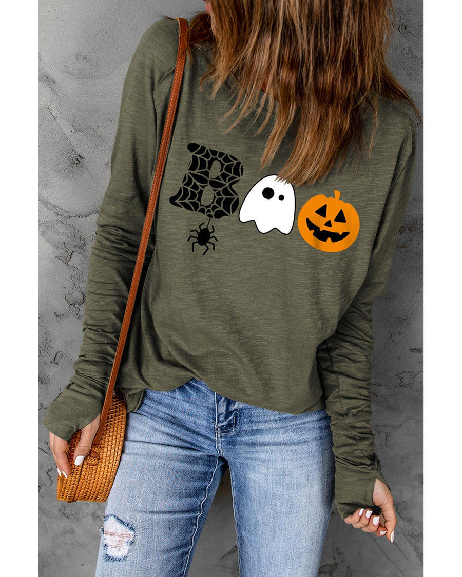 Green Halloween BOO Print Long Sleeve Graphic T Shirt - S
