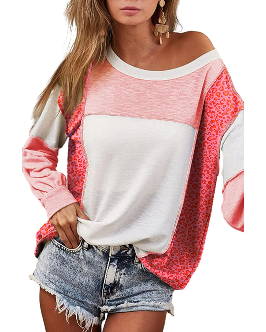 Peach Blossom Leopard Colorblock Patchwork Exposed Seam Top - S