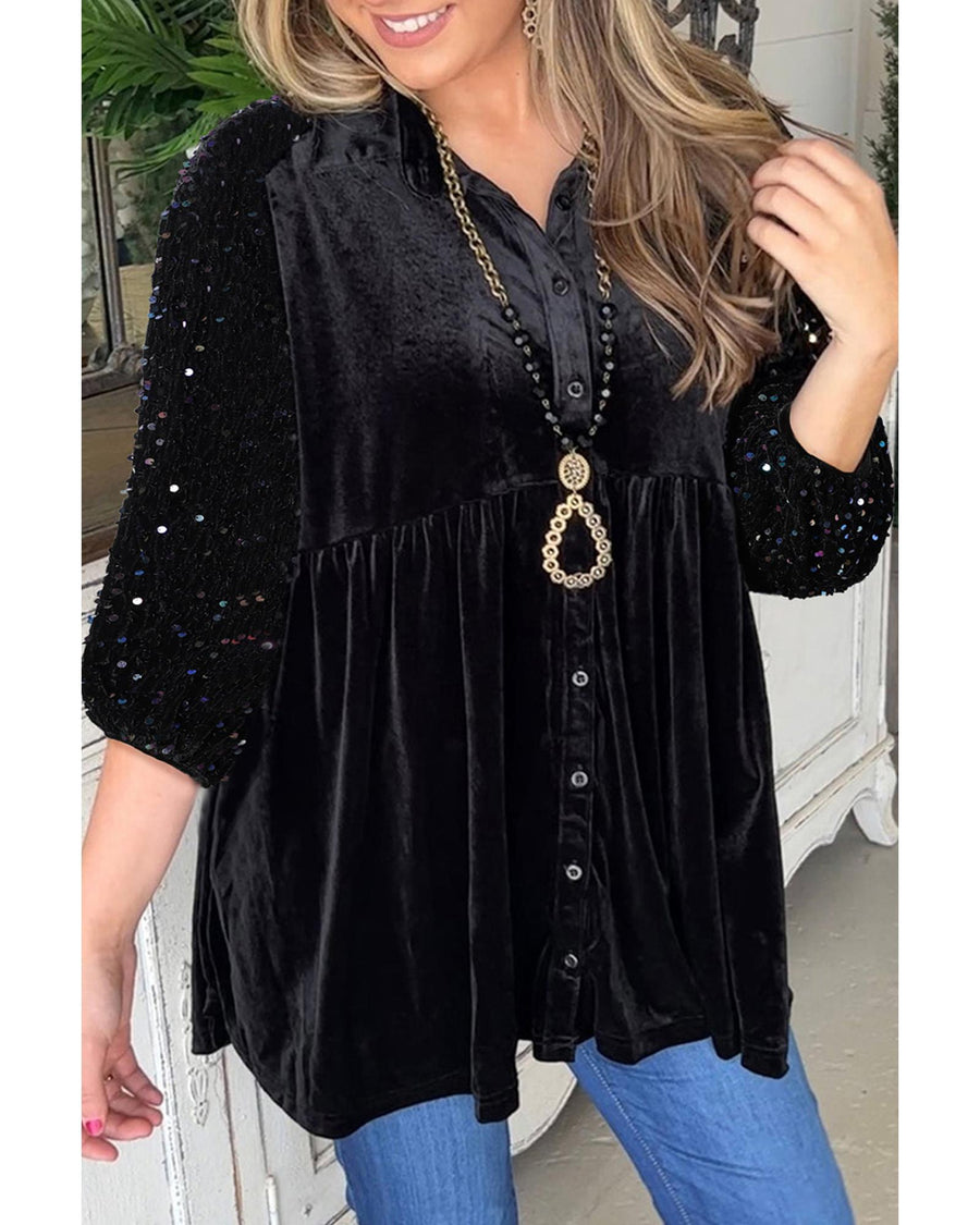 Black Sequin Puff Sleeve Buttoned Velvet Peplum Shirt - L