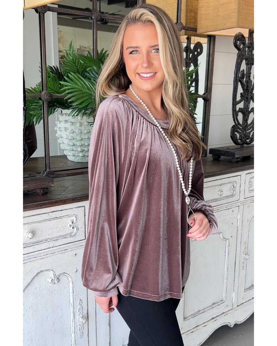 Rose Tan Button Keyhole Back Velvet Swing Top - S
