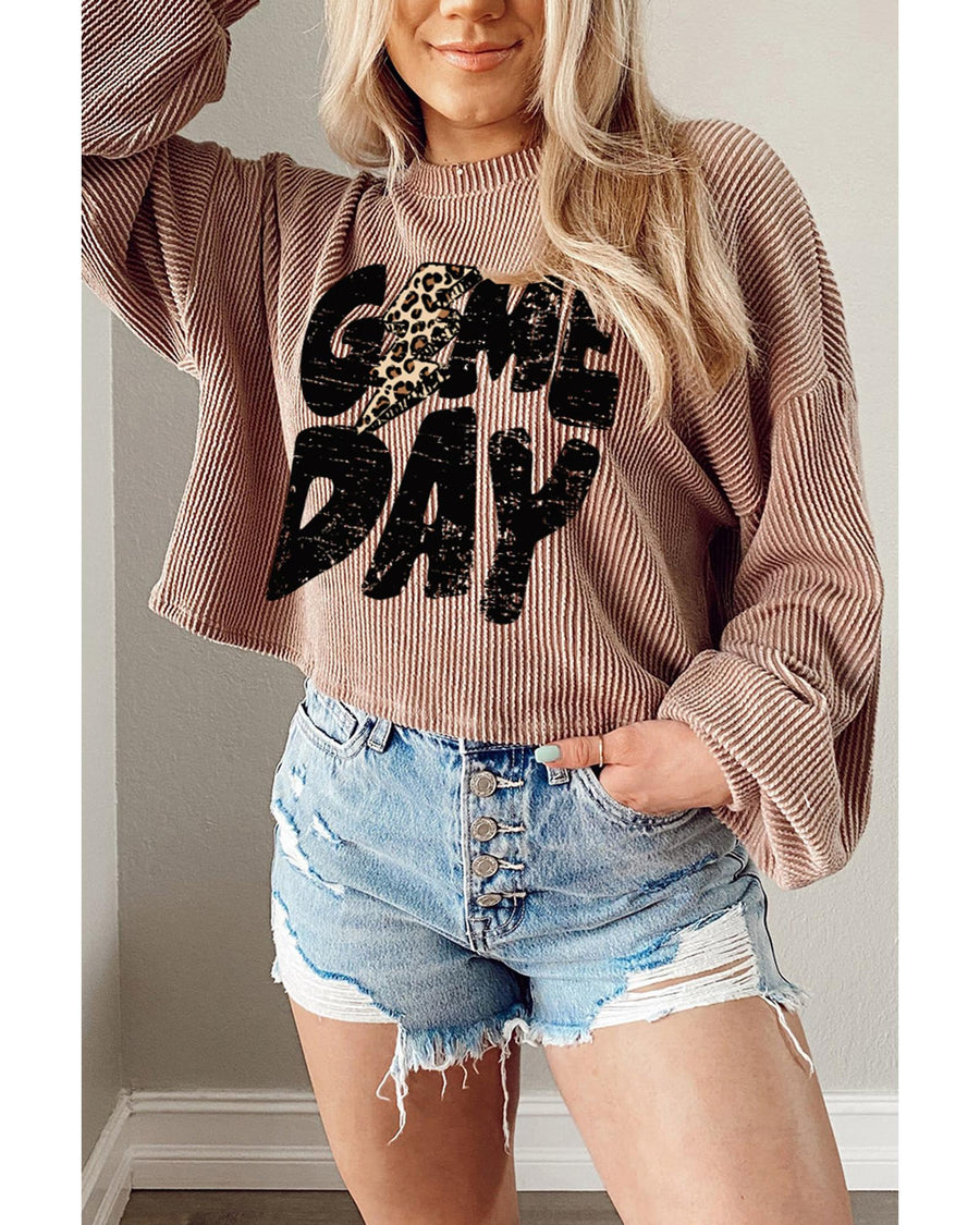 Khaki Game Day Graphic Crop Rugby Football Corded Knit Top - L