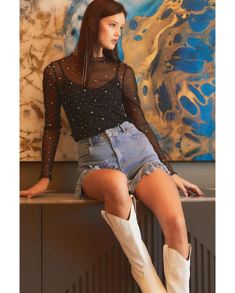 Black Rhinestone Sheer Mesh Slim Fit Long Sleeve Top - L