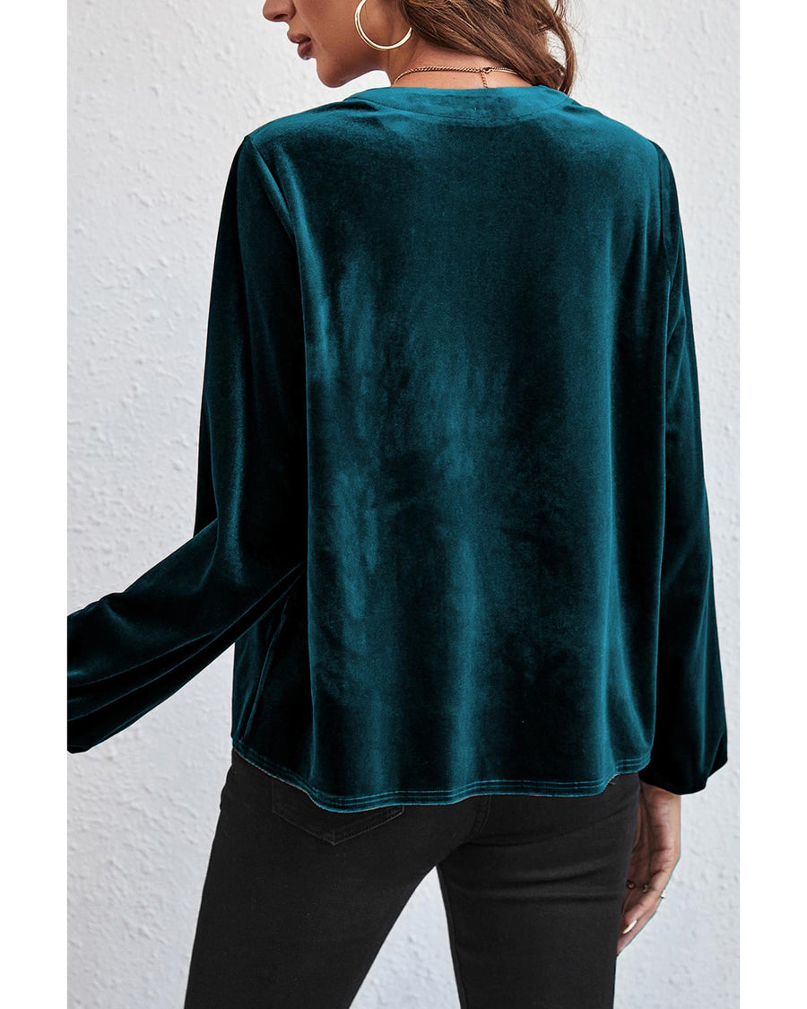 Skobeloff Lantern Sleeve Beaded Split V Neck Velvet Top - XL