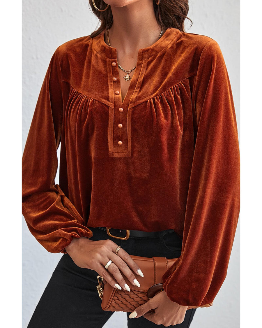 Gold Flame Lantern Sleeve Beaded Split V Neck Velvet Top - XL