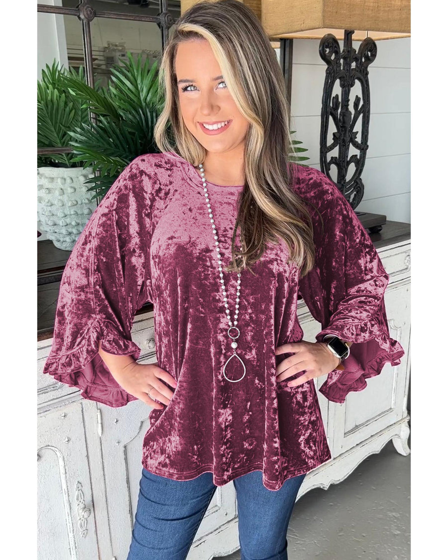 Red Dahlia Velvet Pagoda Sleeve Crew Neck Top - M