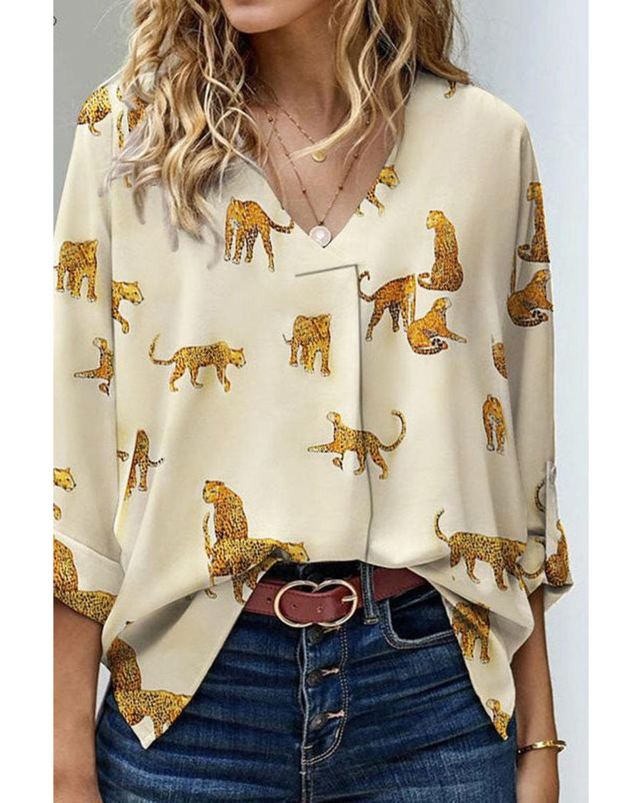Apricot Printed Leopard Print Tab Sleeve Loose Fit V Neck Blouse - M